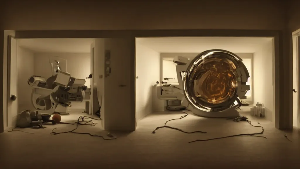 Image similar to an mri image open mri exposed uncovered machine portal in the living room, film still from the movie directed by denis villeneuve with art direction by salvador dali, wide lens