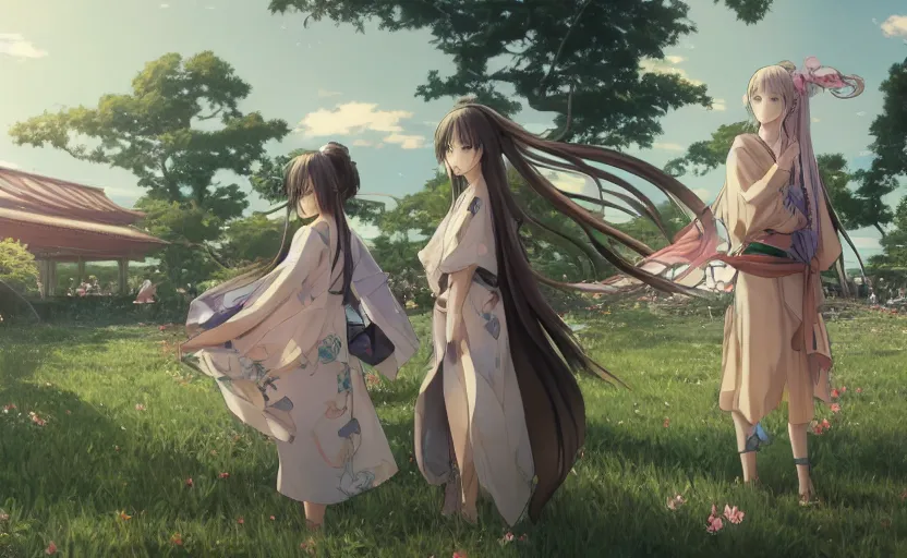 Prompt: anime style, panoramic view, a girl walking, summer festival in background, yukata clothing, battlefield in background, hair down, symmetrical facial features, real faces, from arknights, hyper realistic, 4 k, extreme detail, trending artstation, safebooru, realistic lighting, by alphonse mucha, greg rutkowski, sharp focus