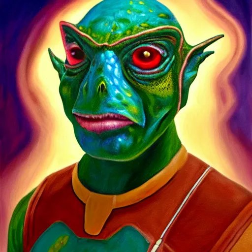 Image similar to oil painting portrait of a lizard person, a gorn from star trek