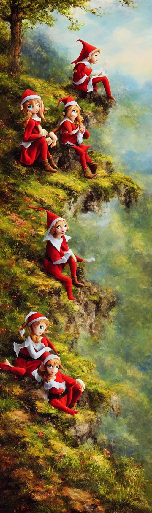 Image similar to a splash painting of a cute elf and dwarf sitting on the edge of a hill, beautiful nature, beautiful landscape
