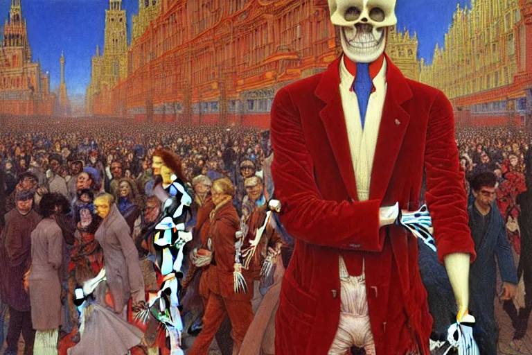 Prompt: realistic detailed portrait painting of a single skeleton wearing red velvet blazer in a crowded futuristic moscow street by Jean Delville, Amano, Yves Tanguy, Alphonse Mucha, Ernst Haeckel, Edward Robert Hughes, Roger Dean, rich moody colours, blue eyes