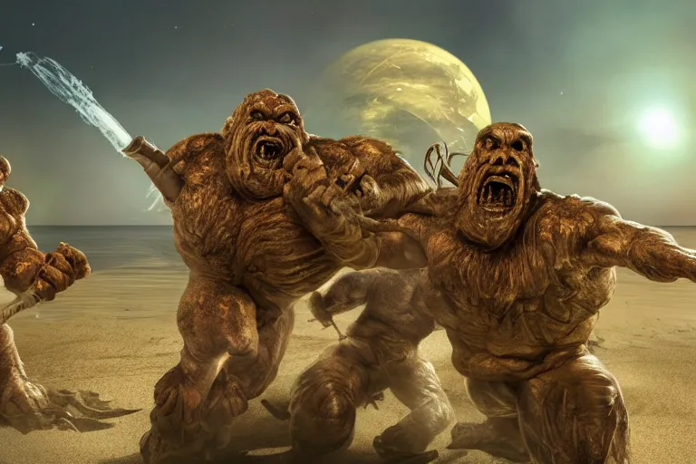 Prompt: photo, two old hairy fat ugly men! fighting alien monsters 4 0 1 2 7 on a beach, highly detailed, scary, intricate details, volumetric lighting, front view