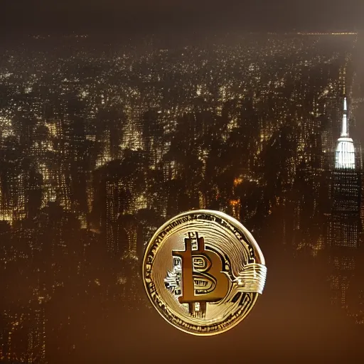Prompt: The bitcoin signal shines into the clouds over new york city on a dark, foggy night, photo realistic
