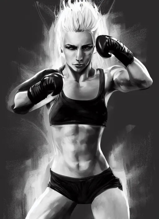 Image similar to a highly detailed illustration of fierce ponytail platinum blonde woman wearing black mma gear and gloves, dramatic boxing stance pose, fairly muscular, athletic, intricate, elegant, highly detailed, centered, digital painting, artstation, concept art, smooth, sharp focus, league of legends concept art, WLOP