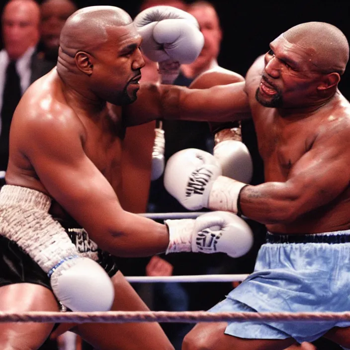 Prompt: Kanye West and Mike Tyson in a Boxing Match, detailed photo