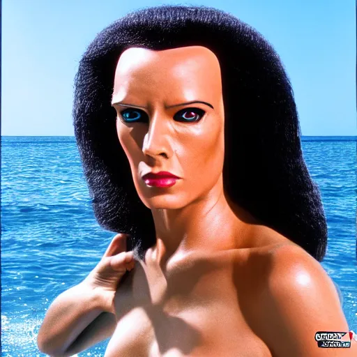 Prompt: a portrait of an sttng star trek klingon on holiday at risa, detailed face, detailed forehead, swimsuit, supermodel, model, star trek, photography, instagram, holiday, beach, high quality, sharp, cait miers, michael hoppen, qapla