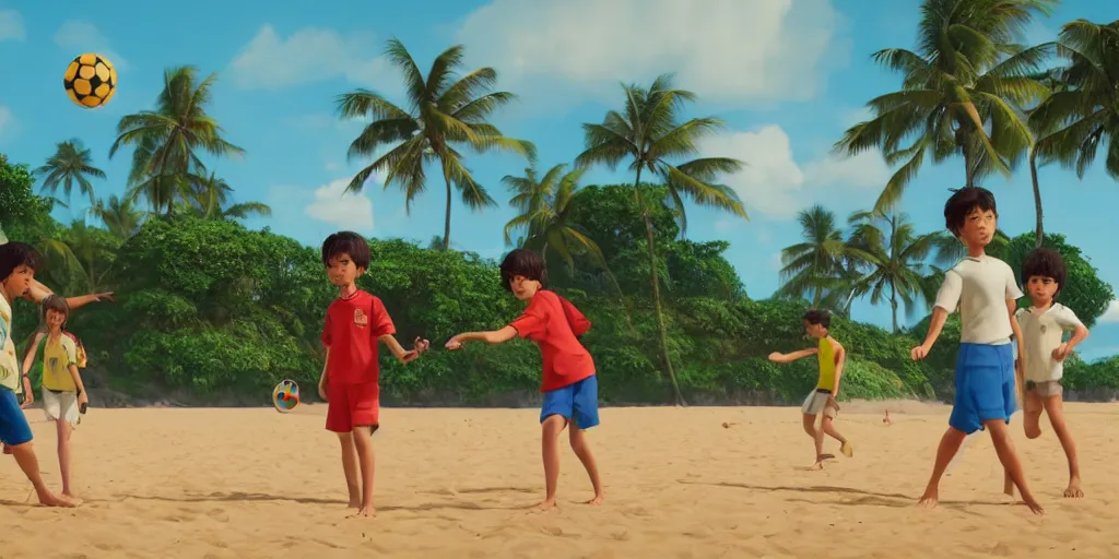 Image similar to a film still of a scene, where children playing football and badminton, a sunny and colourful beach scene in hawaii, the weather is very windy. wide shot, wes anderson, studio ghibli, pixar and disney animation, sharp, rendered in unreal engine 5, anime key art by greg rutkowski, bloom, dramatic lighting