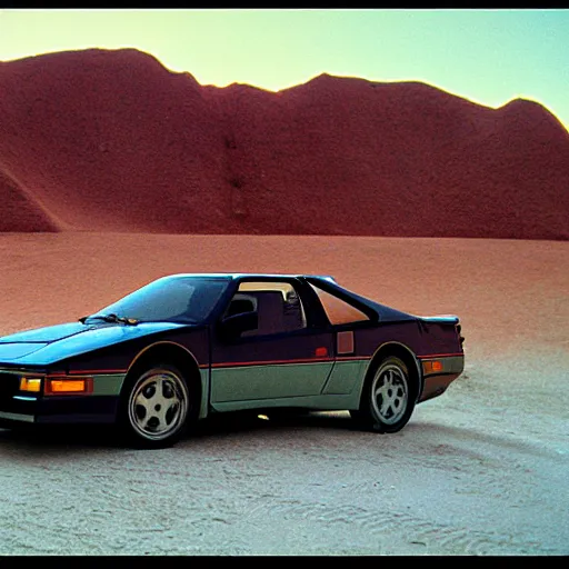 Image similar to 1 9 8 6 pontiac fiero, in the desert, film still, arriflex 3 5