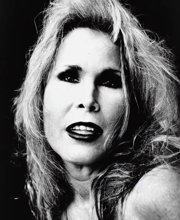 Image similar to A low key medium format portraiture photograph of Tawny Kitaen by Andreas Feininger arround 1983 on black and white film.