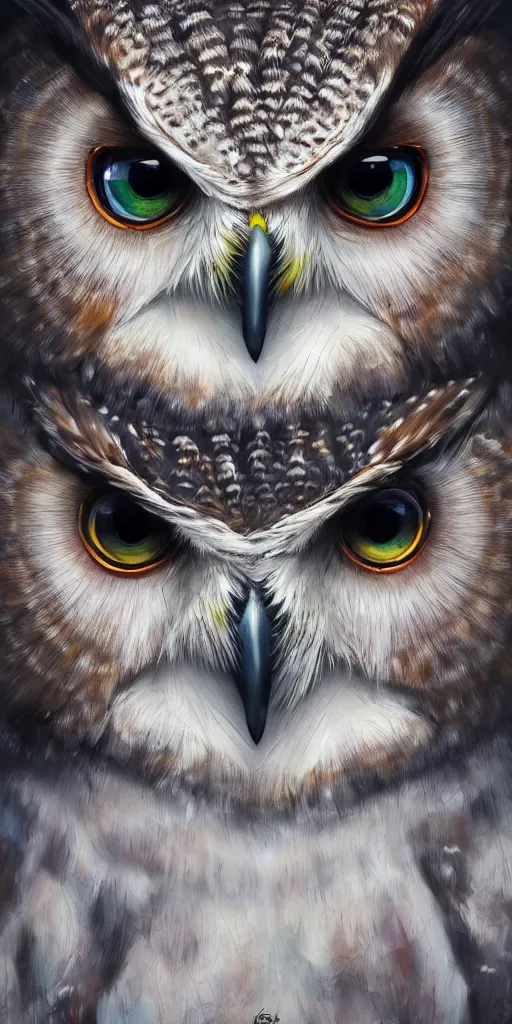 Image similar to potrait of an owl with face containing another world and eyes of the rainbow, artstation, high definition