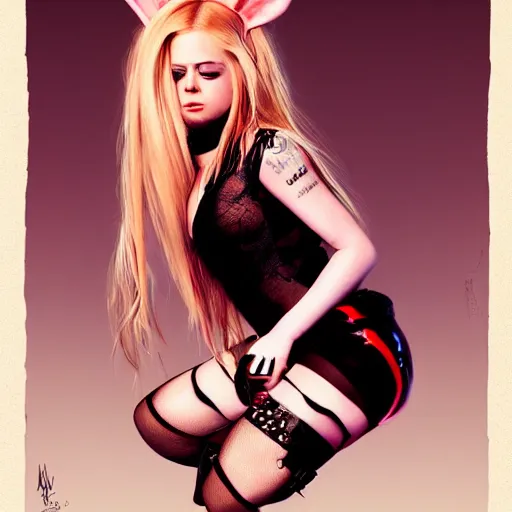 Image similar to detailed photograph of avril lavigne wearing a playboy bunny outfit with stockings, 8 k, by greg rutkowski, artgerm, led illumination