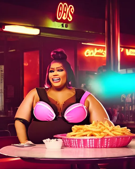 Prompt: film still of obese 3 0 0 - pound nicki minaj at mcdonald's, vibrant high contrast, octane, arney freytag, cinematic, portrait, backlit, rim lighting, 8 k