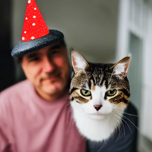 Image similar to man with a cat head wearing a party hat