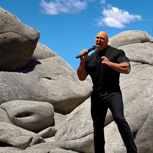 Prompt: dwayne johnson singing in a rock concert and standing on a rock