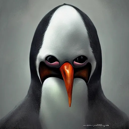 Image similar to the penguin wearing the dark knight mask, snarling teeth, digital painting, amazing detail, art station, cgsociety