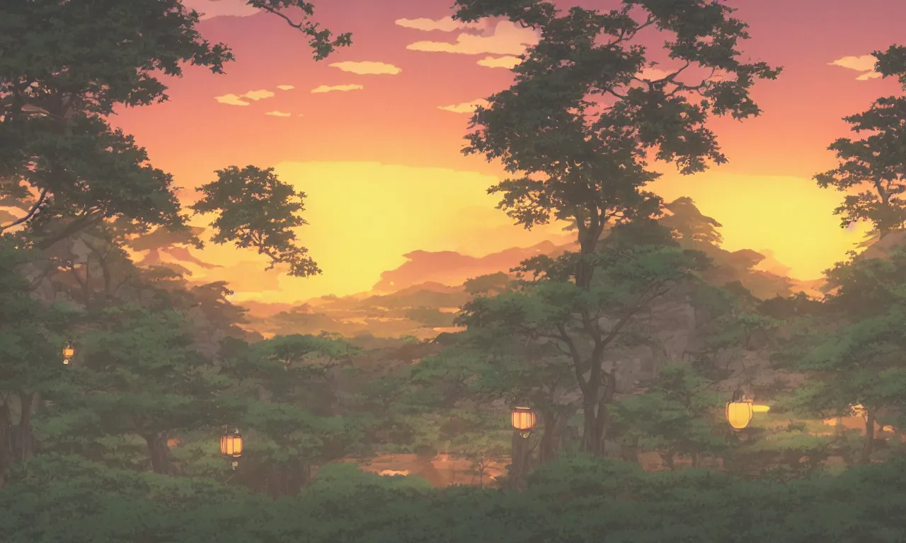 Prompt: An aesthetic still frame from an 90's anime, small countryside landscape, sunset, waterfall, lanterns, Studio Ghibili, cinematic