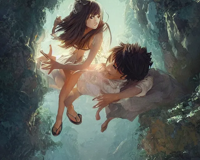 Image similar to a cinematic boy girl traditional romance moment, exploring the caves boho clothing, full body illustration, bestselling movie art poster, official media, 1970s fashion, dynamic lighting official anime media, incredible art by artgerm and greg rutkowski