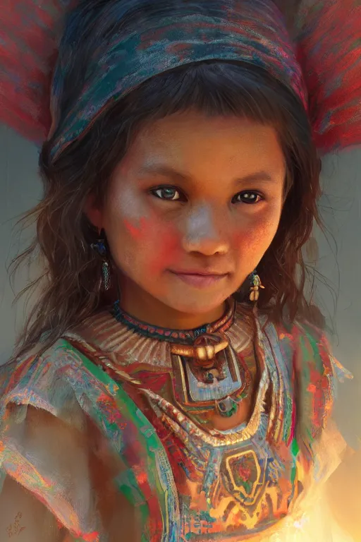 Image similar to aztec little girl, joyful, close - up portrait, intricate, elegant, volumetric lighting, scenery, digital painting, highly detailed, artstation, sharp focus, illustration, concept art, ruan jia, steve mccurry