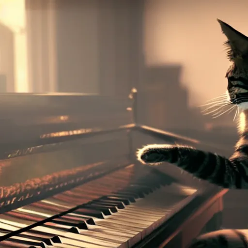 Image similar to atmospheric screenshot of a cat playing on piano in call of duty, 4k