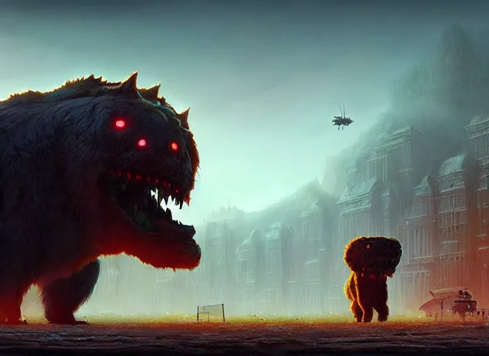 Image similar to giant monstrous aggressive furry creature lurking over a cowering smaller creature, in the foreground a small town, epic science fiction horror digital matte painting by Simon Stalenhag and Mark Brooks (and Greg Rutkowski), extremely detailed, artstation