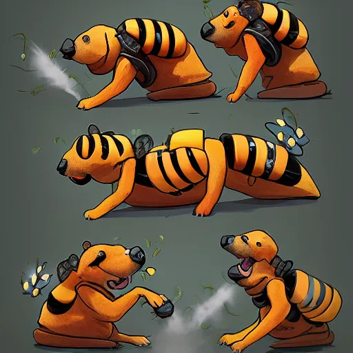 Prompt: the dogs with bees in their mouth and when they bark, they shoot bees at you, artstation