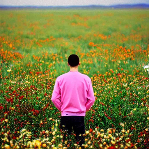 Image similar to close up kodak portra 4 0 0 photograph of a skinny guy standing in field looking at a tornado of flowers, back view, moody lighting, telephoto, 9 0 s vibe, blurry background, vaporwave colors, faded!,