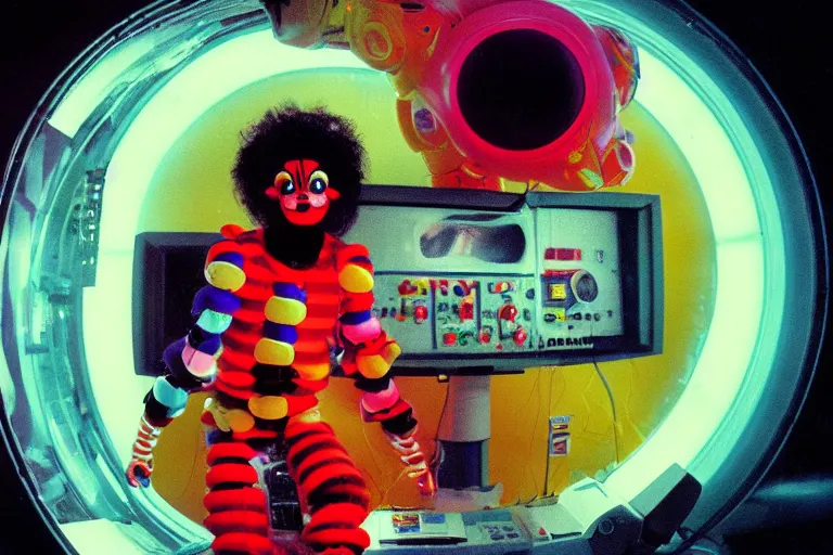 Image similar to friendly robo - clown emerging from a space portal in cyberspace, fractal, in 1 9 8 5, y 2 k cutecore clowncore, bathed in the glow of a crt television, crt screens in background, low - light photograph, in style of tyler mitchell
