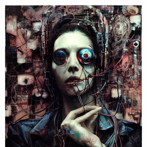 Image similar to in a dark room, a male cyberpunk hacker, skulls, wires cybernetic implants, machine noir steelpunk grimcore, in the style of adrian ghenie esao andrews jenny saville surrealism dark art by james jean takato yamamoto and by ashley wood