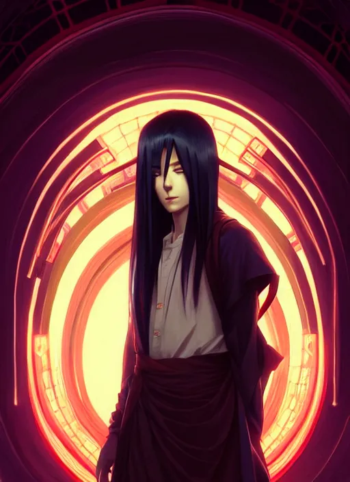 Image similar to symmetry!! itachi, glowing lights!! intricate, elegant, highly detailed, digital painting, artstation, concept art, smooth, sharp focus, illustration, art by artgerm and greg rutkowski and alphonse mucha