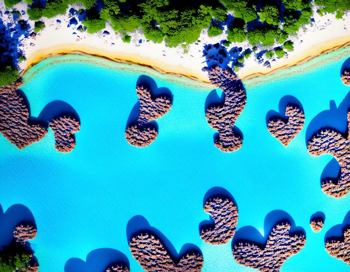 Image similar to closeup shot photo of ultra realistic blue lagoon with exotic tree heart / shaped sandy beach island, sunset lighting