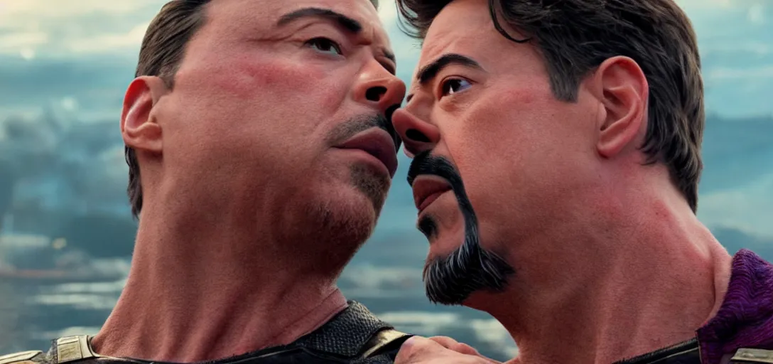 Image similar to a very high resolution image from a new movie. thanos kissing tony stark on a lake, photorealistic, photography, directed by wes anderson