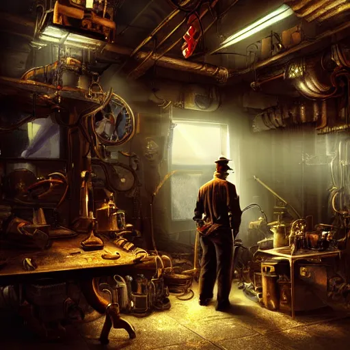 Prompt: an artificer working in his steampunk workshop, light rays, scifi