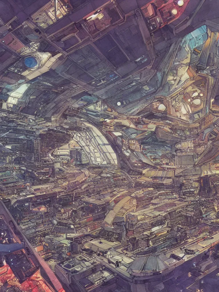 Image similar to interior of a busy spaceport, intricate colorful watercolor and ink artwork by moebius. trending on artstation, very coherent symmetrical artwork. cinematic, hyper realism, high detail