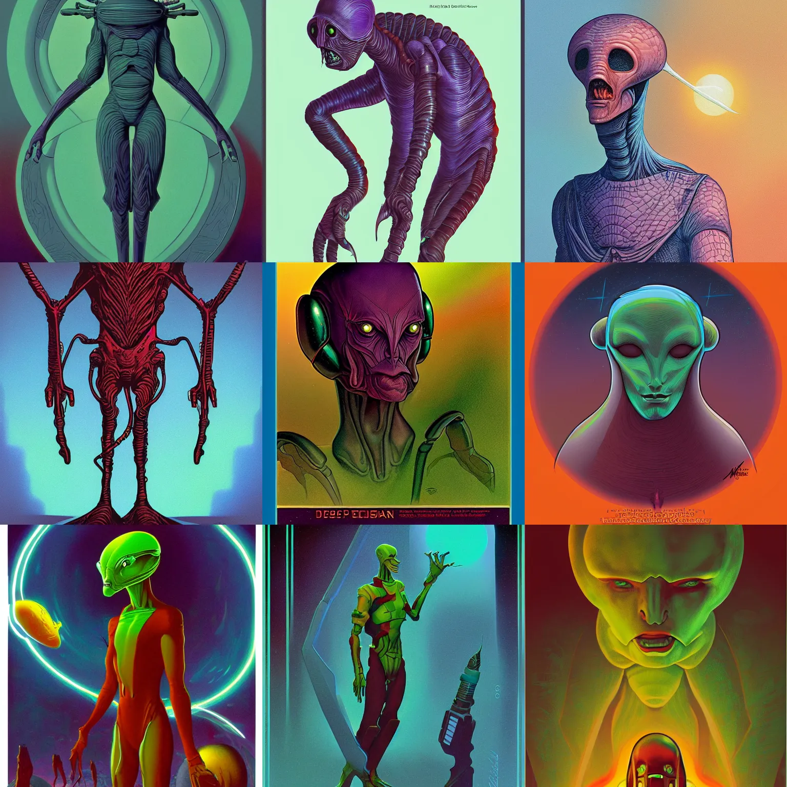 Prompt: an illustration of an sci - fi alien species in style of michael whelan, poster color on paper. deep color palette.