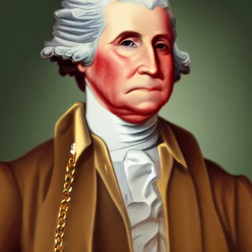 Image similar to a photorealistic colored pencil sketch of a distinguished George Washington wearing a gold chain around his neck with a small Doubloon coin attached as a necklace. This 4K HD image is Trending on Artstation, featured on Behance, well-rendered, extra crisp, features intricate detail and the style of Unreal Engine.