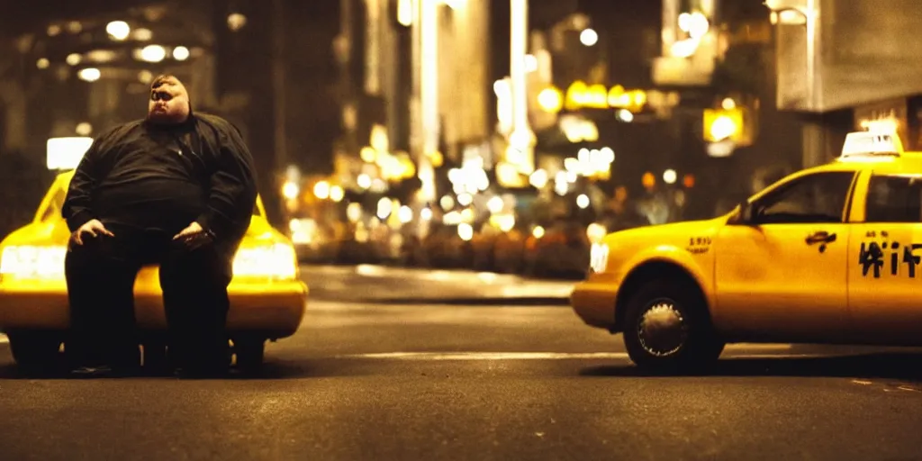 Prompt: low angle camera shot of a overweight drunk man sitting in a taxi by night, moody cinematography of roger deakins, shot on film, grain, hyper realistic ,