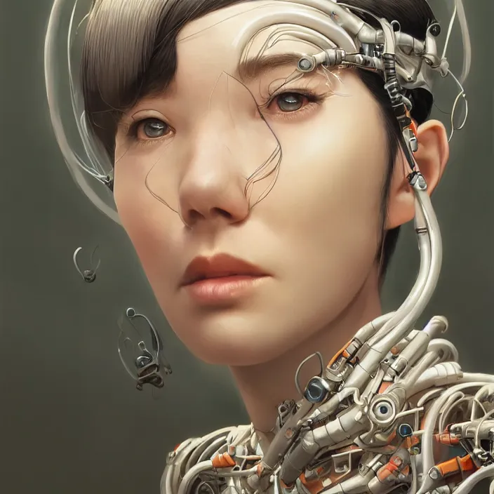 Image similar to symmetrical bjork cyborg - by tom bagshaw, by ilya kuvshinov, rtx rendering, octane render 1 2 8 k, maya, extreme high intricate details by wlop, digital anime art by ross tran, medium shot, close up shot, composition by sana takeda, dramatic lighting by greg rutkowski, 8 k, trending on artstation