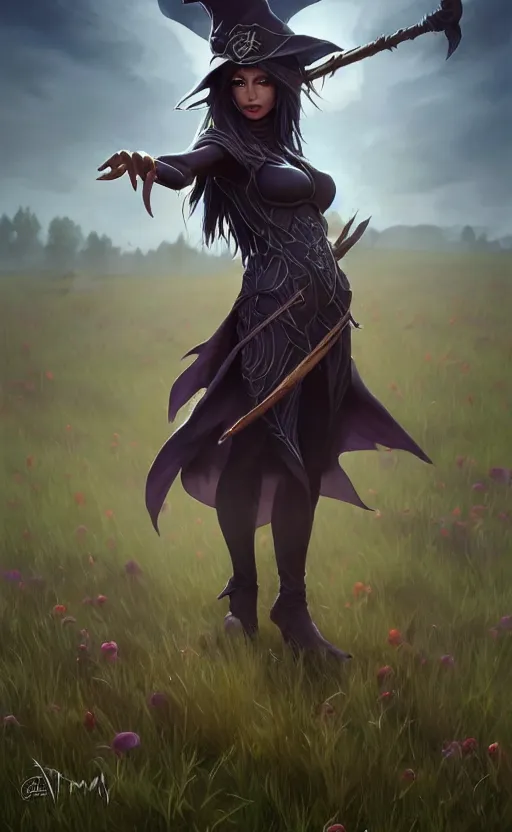 Image similar to medium shot of dark elf witch in field, sunny, highly detailed, d & d, fantasy, highly detailed, digital painting, trending on artstation, concept art, sharp focus, illustration, global illumination, ray tracing, realistic shaded, art by artgerm and greg rutkowski and fuji choko and viktoria gavrilenko and hoang lap