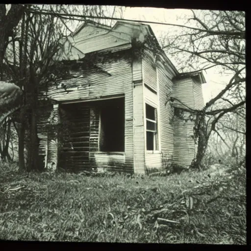 Image similar to 1 9 8 3, found footage, old abandoned house, creepy mutant flesh creature, flesh blob
