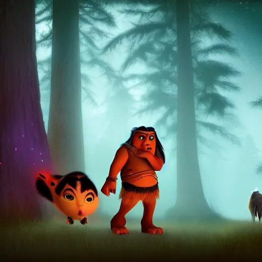 Image similar to medium shot native american with animal companion, in a dark forest, mysterious, backlit, still from a pixar dreamworks movie, trending on artstation