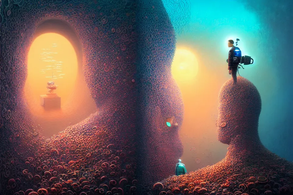 Prompt: gediminas pranckevicius detailed portrait of a cyberpunk scuba diver inside a coral dmt lsd acid caustics volumetric light octane render portal by james r eads and tomasz alen kopera