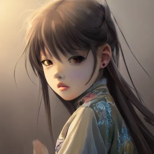 Image similar to dynamic composition, motion, ultra-detailed, incredibly detailed, a lot of details, amazing fine details and brush strokes, colorful and grayish palette, smooth, HD semirealistic anime CG concept art digital painting, watercolor oil painting of a young C-Pop idol girl, by a Chinese artist at ArtStation, by Huang Guangjian, Fenghua Zhong, Ruan Jia, Xin Jin and Wei Chang. Realistic artwork of a Chinese videogame, gradients, gentle an harmonic grayish colors.