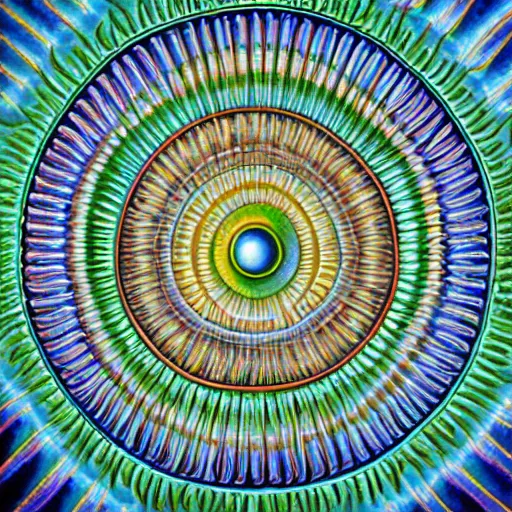 Image similar to Alex Grey painting of someone putting on a contact lens, repeating patterns