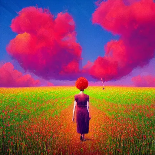 Image similar to large red flower afro, full body, girl walking in the middle of a field with flowers, surreal photography, hills, sunrise dramatic light, impressionist painting, colorful clouds, digital painting, pointillism, artstation, simon stalenhag