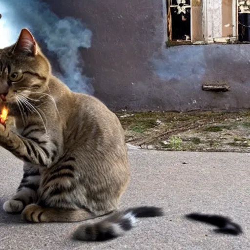 Prompt: A cat firing an AK-47 like a human soldier, award-winning photography