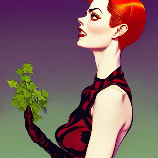 Image similar to joshua middleton, phil noto, norman rockwell, artgerm, 1 9 5 0 s rockabilly emma stone poison ivy dc comics, pompadour, vines, symmetrical eyes, city rooftop