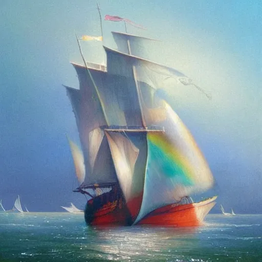 Prompt: A pirate on the high seas that has magical pearlescent shimmering see through sails, painting by John Harris, rainbow colored sails