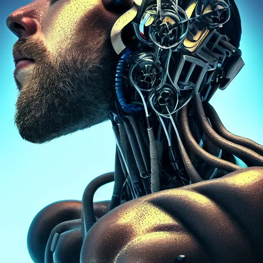 Prompt: jesus cyborg by artstation, deviantart, artfol, artslant artbox, cgsociety, gfxartist, artful, zatista, artpal, instagram, blendernation, frank stella, beeple, giger, kopera, zawadzki, synth - wave, hyperrealism, futurism 4 k, octane render