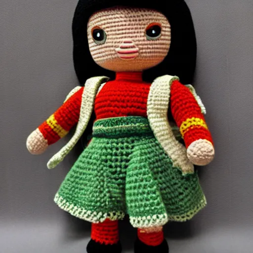 Prompt: a crocheted doll version of keqing from genshin impact