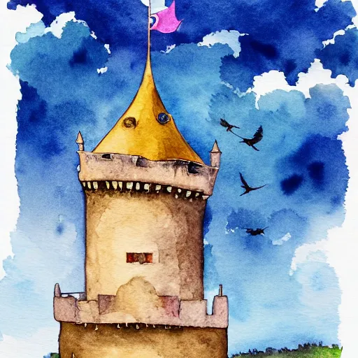 Image similar to laputa castle in the sky flying high in the sky, watercolor illustration for a book